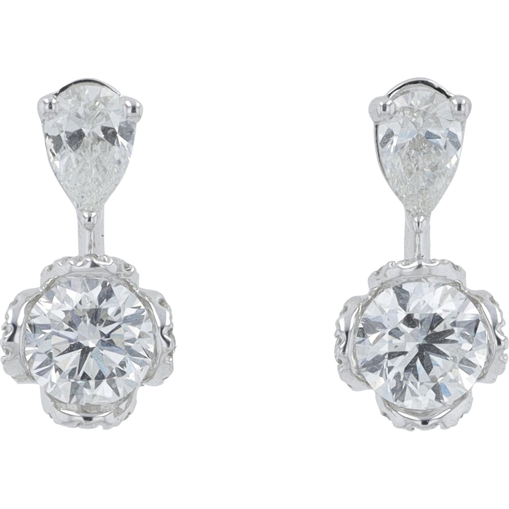 10K White Gold Pear and Round Drop Earrings with Lab Grown Diamonds - 1.50 Carat Total Diamond Weight
