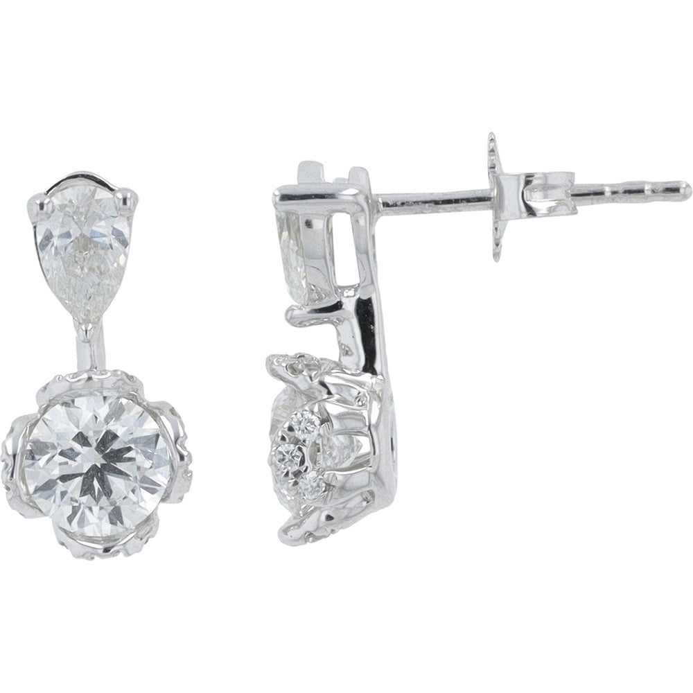 10K White Gold Pear and Round Drop Earrings with Lab Grown Diamonds - 1.50 Carat Total Diamond Weight