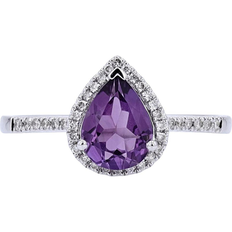 10K White Gold Pear-Cut Amethyst and Diamond Halo Ring - 1.00 Carats Amethyst, 0.12 Carats Diamond