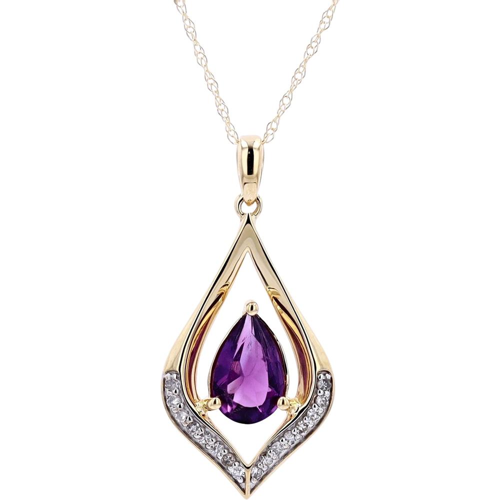 10K White Gold Pear-Cut Amethyst and Diamond Pendant - 0.07 Carats Diamond Total Weight