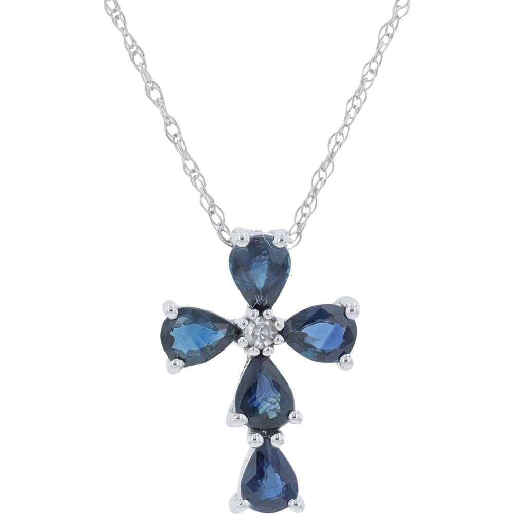 10K White Gold Pear-Cut Sapphire Cross Pendant with Diamond Center - 0.75 Carat Total Gem Weight