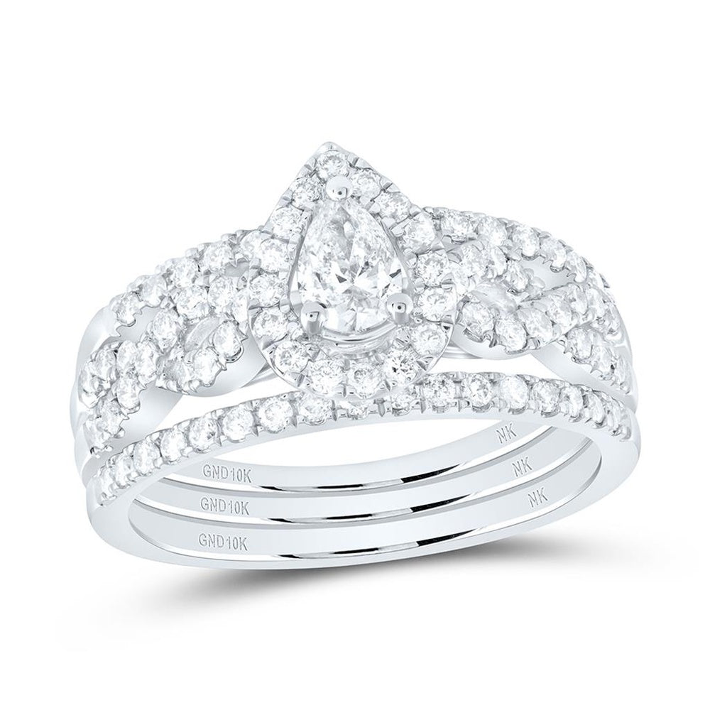 10K White Gold Pear Diamond Bridal Ring Set - 7/8 Carat Total Diamond Weight