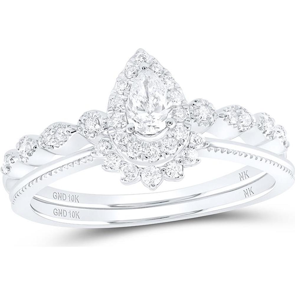 10K White Gold Pear Diamond Halo Wedding Ring Set - 3/8 Carat Total Diamond Weight