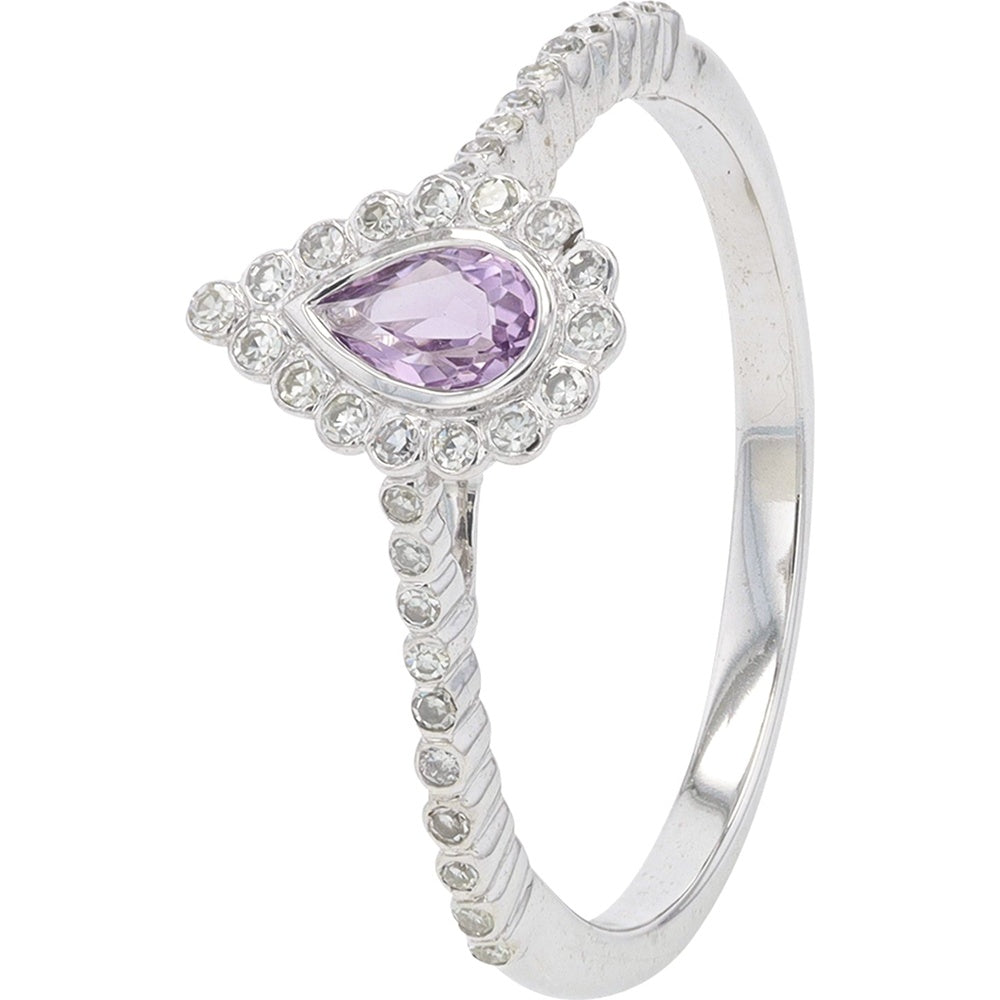 10K White Gold Pear-Shaped Amethyst Ring with Round Diamond Halo – 0.25 Carat Amethyst and 0.14 Carat Total Diamond Weight