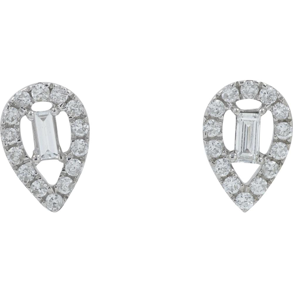 10K White Gold Pear-Shaped Diamond Stud Earrings with Emerald-Cut Center - 0.25 Carat Total Diamond Weight