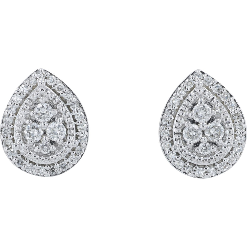 10K White Gold Pear-Shaped Double Halo Diamond Studs with Milgrain Detailing - 0.20 Carat Total Diamond Weight