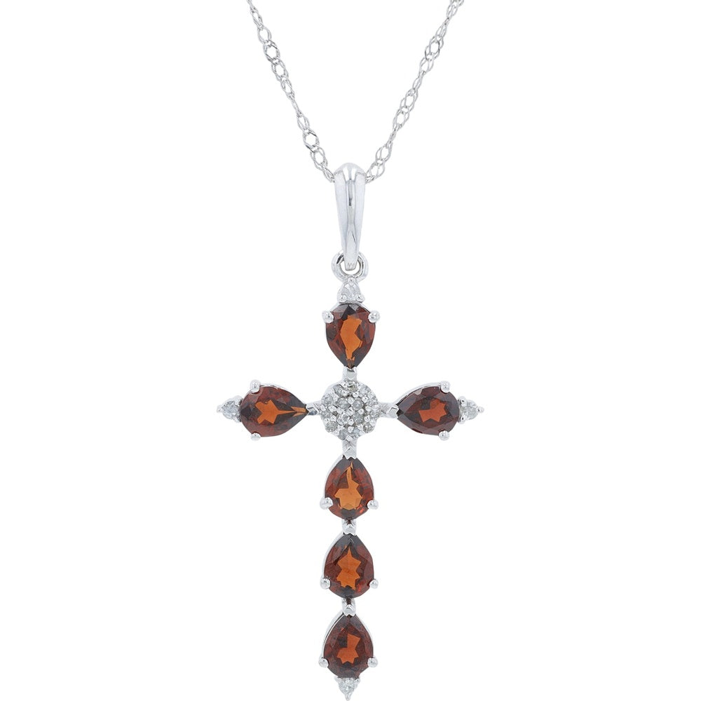 10K White Gold Pear-Shaped Garnet Cross Pendant with Diamond Accent Cluster - 0.30 Carat Total Gem Weight