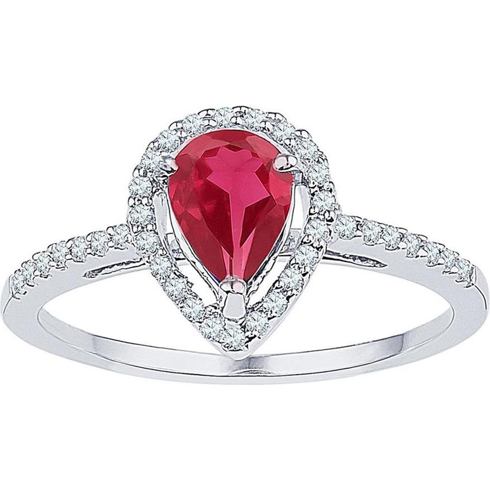 10K White Gold Pear-Shaped Lab Grown Ruby and Diamond Halo Ring - 1.10 Carat Total Gemstone Weight