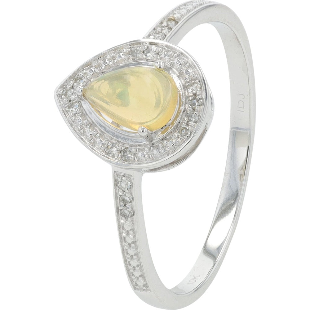 10K White Gold Pear-Shaped Opal Halo Ring with Milgrain Detail and Pavé Set Diamonds - 0.05 Carat Total Diamond Weight