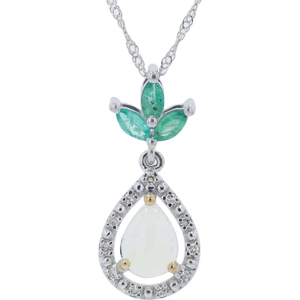 10K White Gold Pear-Shaped Opal Pendant with Marquise-Cut Emerald Accents and Diamond Halo - 0.40 Carat Opal and 0.05 Carat Total Diamond Weight