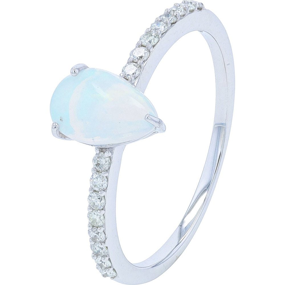 10K White Gold Pear-Shaped Opal Ring with Pavé Set Round Diamond Accents - 0.50 Carat Opal and 0.17 Carat Diamond Total Weight