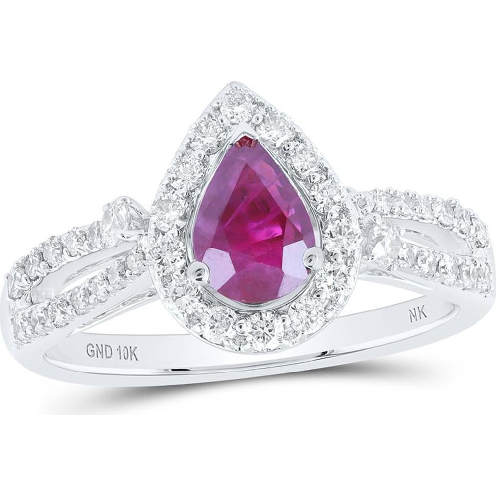 10K White Gold Pear-Shaped Ruby and Diamond Halo Split Shank Ring - 1.62 Carat Total Gem Weight