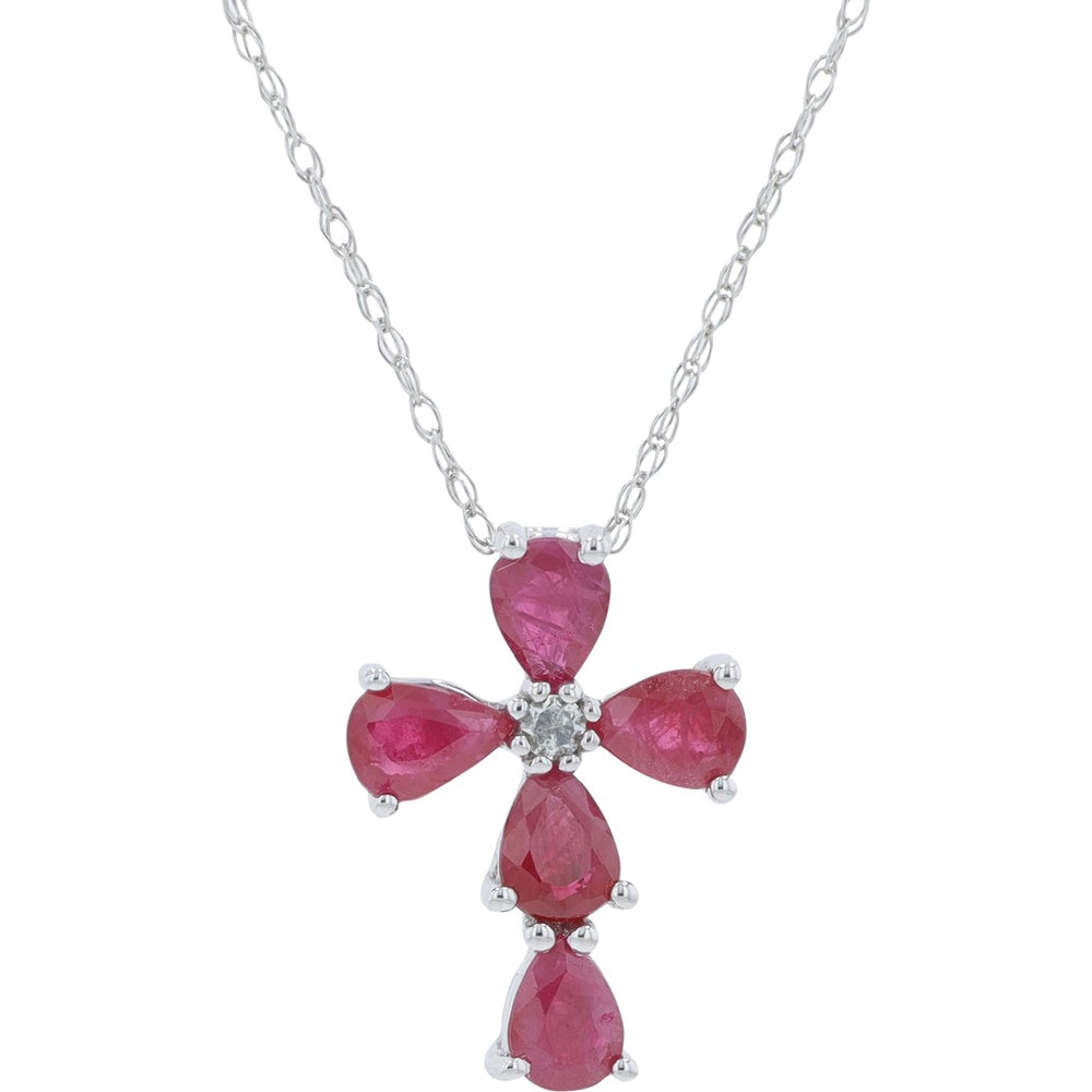 10K White Gold Pear-Shaped Ruby Cross Pendant with Round Diamond Center - 0.75 Carat Total Ruby Weight