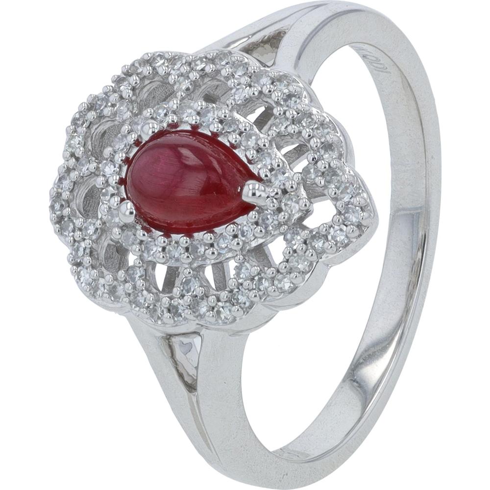10K White Gold Pear - Shaped Ruby Ring with 0.20 Carat Diamond Halo - 0.70 Carat Total Ruby Weight