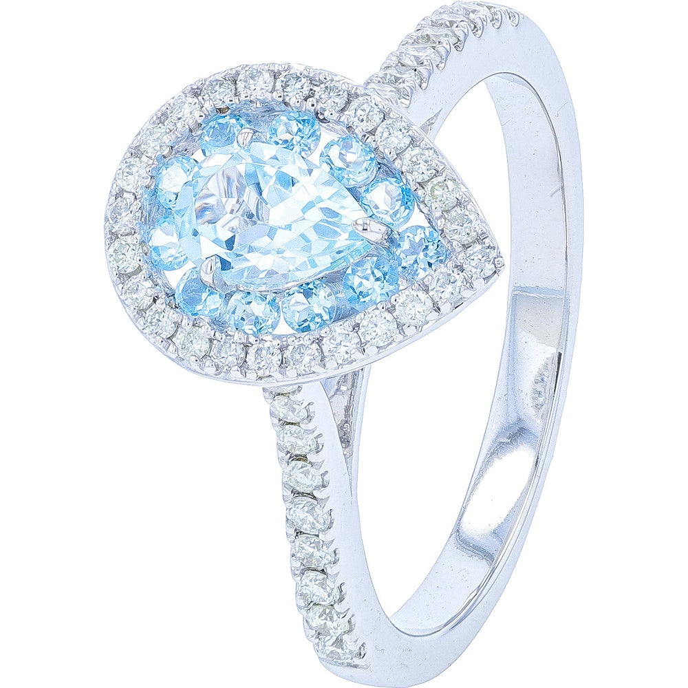 10K White Gold Pear-Shaped Sky Blue Topaz Halo Ring with Round Diamond Accents - 0.75 Carat Sky Blue Topaz and 0.30 Carat Total Diamond Weight