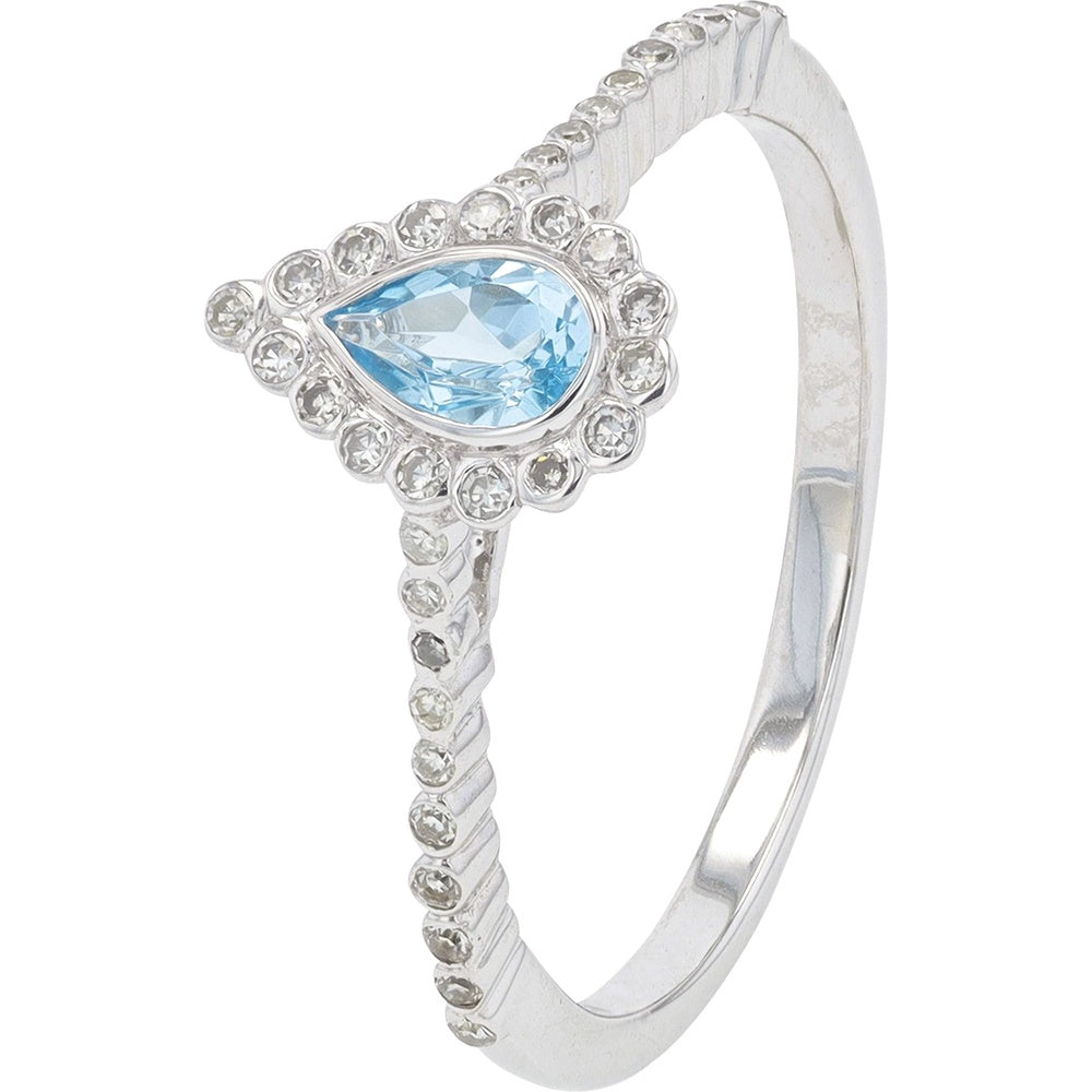 10K White Gold Pear-Shaped Swiss Blue Topaz Ring with Bezel Set Center and Diamond Halo Accents - 0.25 Carat Total Topaz Weight and 0.14 Carat Total Diamond Weight
