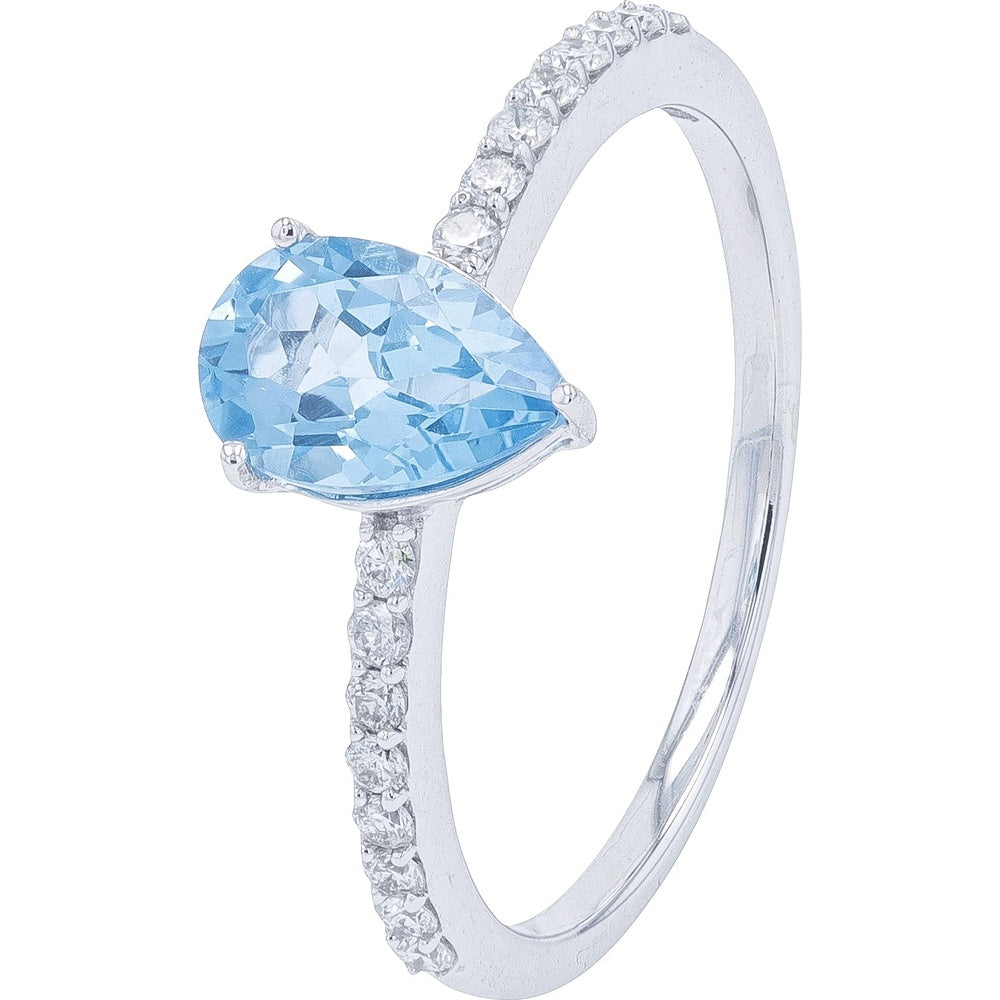 10K White Gold Pear-Shaped Swiss Blue Topaz Ring with Prong-Set Diamond Accents - 1.00 Carat Total Topaz Weight and 0.17 Carat Total Diamond Weight