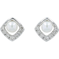 10K White Gold Pearl Center Stud Earrings with Diamond Halo - 0.21 Carats Total Diamond Weight