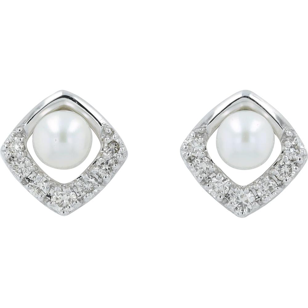 10K White Gold Pearl Center Stud Earrings with Diamond Halo - 0.21 Carats Total Diamond Weight