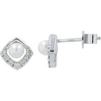 10K White Gold Pearl Center Stud Earrings with Diamond Halo - 0.21 Carats Total Diamond Weight