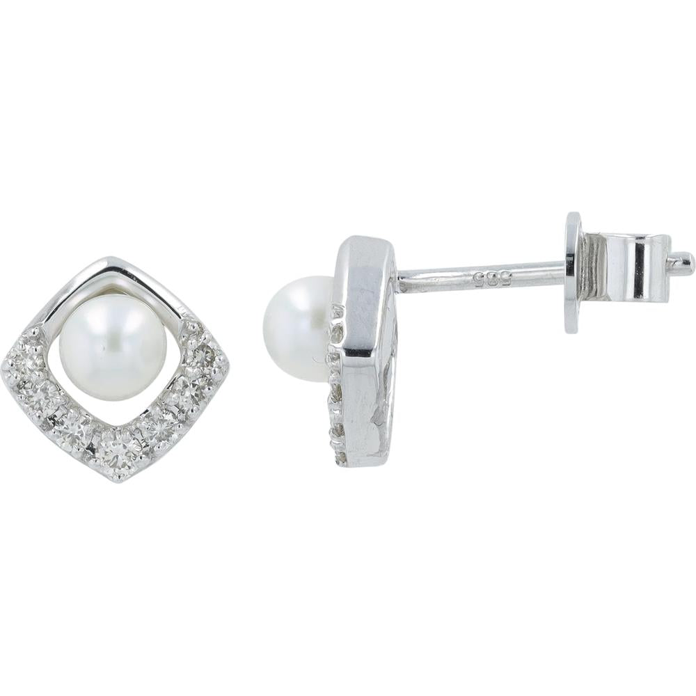10K White Gold Pearl Center Stud Earrings with Diamond Halo - 0.21 Carats Total Diamond Weight