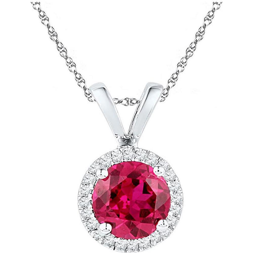 10K White Gold Pendant Necklace with 0.95 Carat Round Lab Grown Ruby and 0.10 Carat Diamond Halo