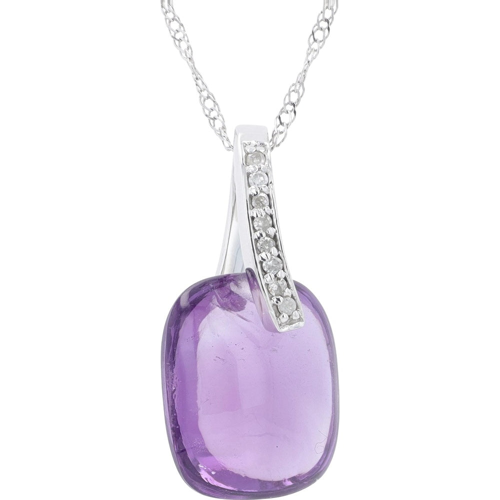 10K White Gold Pendant Necklace with Cushion-Cut Amethyst and Diamond Accents - 0.04 Carat Total Diamond Weight