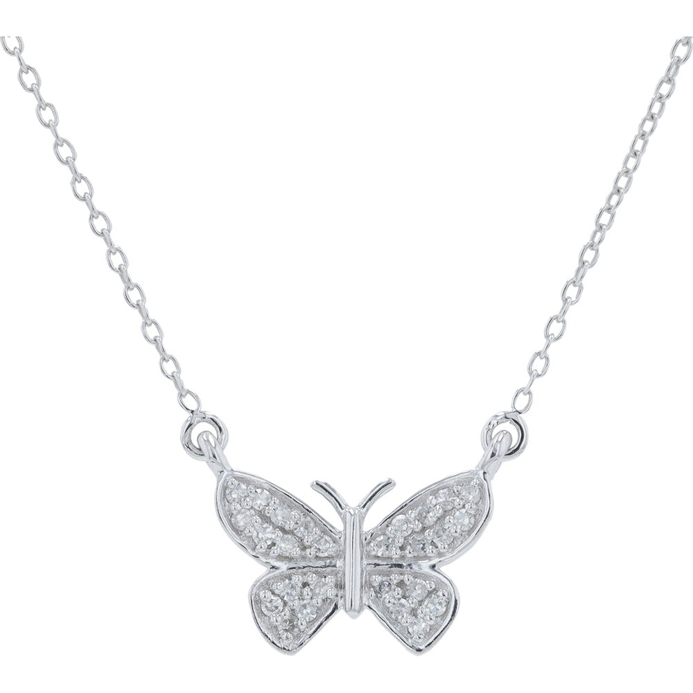 10K White Gold Pendant Necklace with Pavé-Set Round Diamond Butterfly Motif - 0.10 Carat Total Diamond Weight