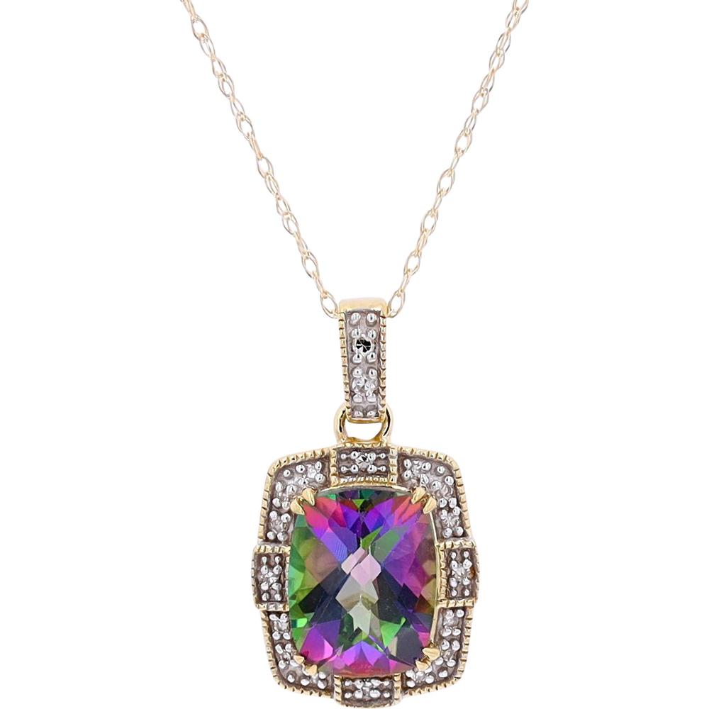 10K White Gold Pendant with Cushion-Cut Mystic Gemstone and Diamond Halo - 0.07 Carats Total Diamond Weight