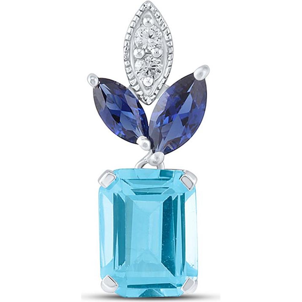 10K White Gold Pendant with Emerald-Cut Lab Grown Blue Topaz - 1.95 Carat, Marquise-Cut Lab Grown Blue Sapphires - 0.58 Carat, and Round Diamond Accents - 0.05 Carat Total Weight