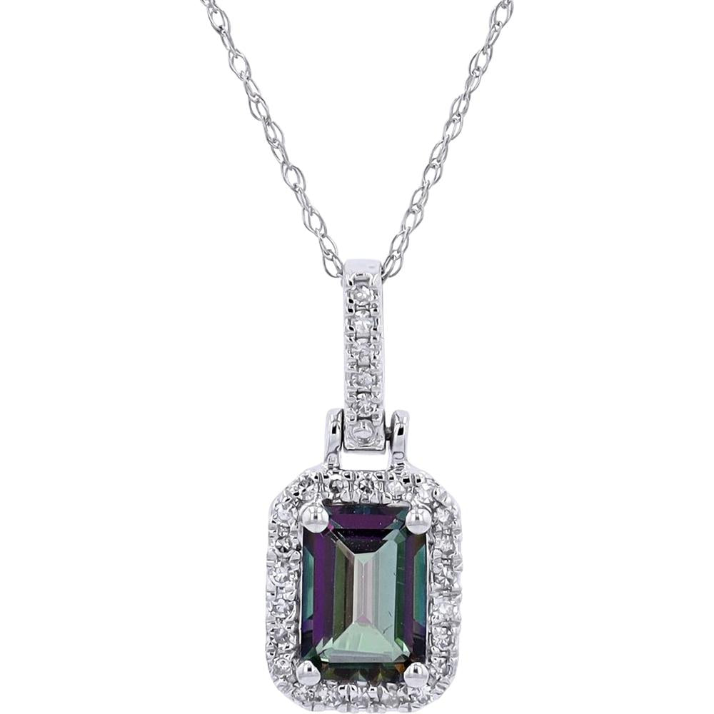 10K White Gold Pendant with Emerald-Cut Mystic Gemstone and Diamond Halo - 0.11 Carats Total Diamond Weight