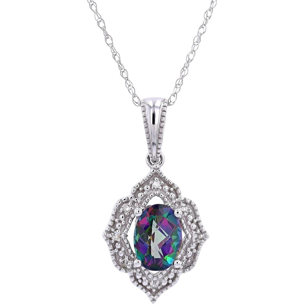 10K White Gold Pendant with Oval Mystic Gemstone and Diamond Halo - 0.03 Carats Total Diamond Weight