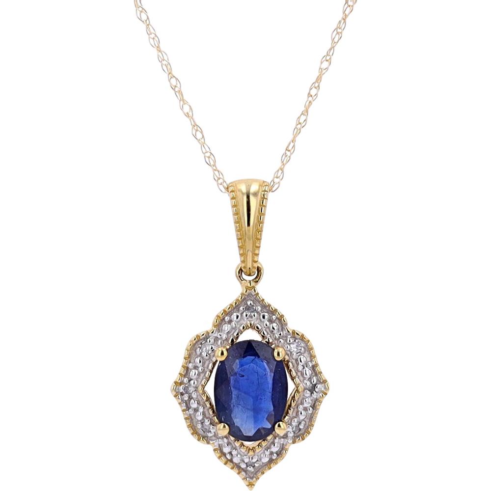10K White Gold Pendant with Oval Sapphire and Diamond Halo - 0.03 Carats Total Diamond Weight