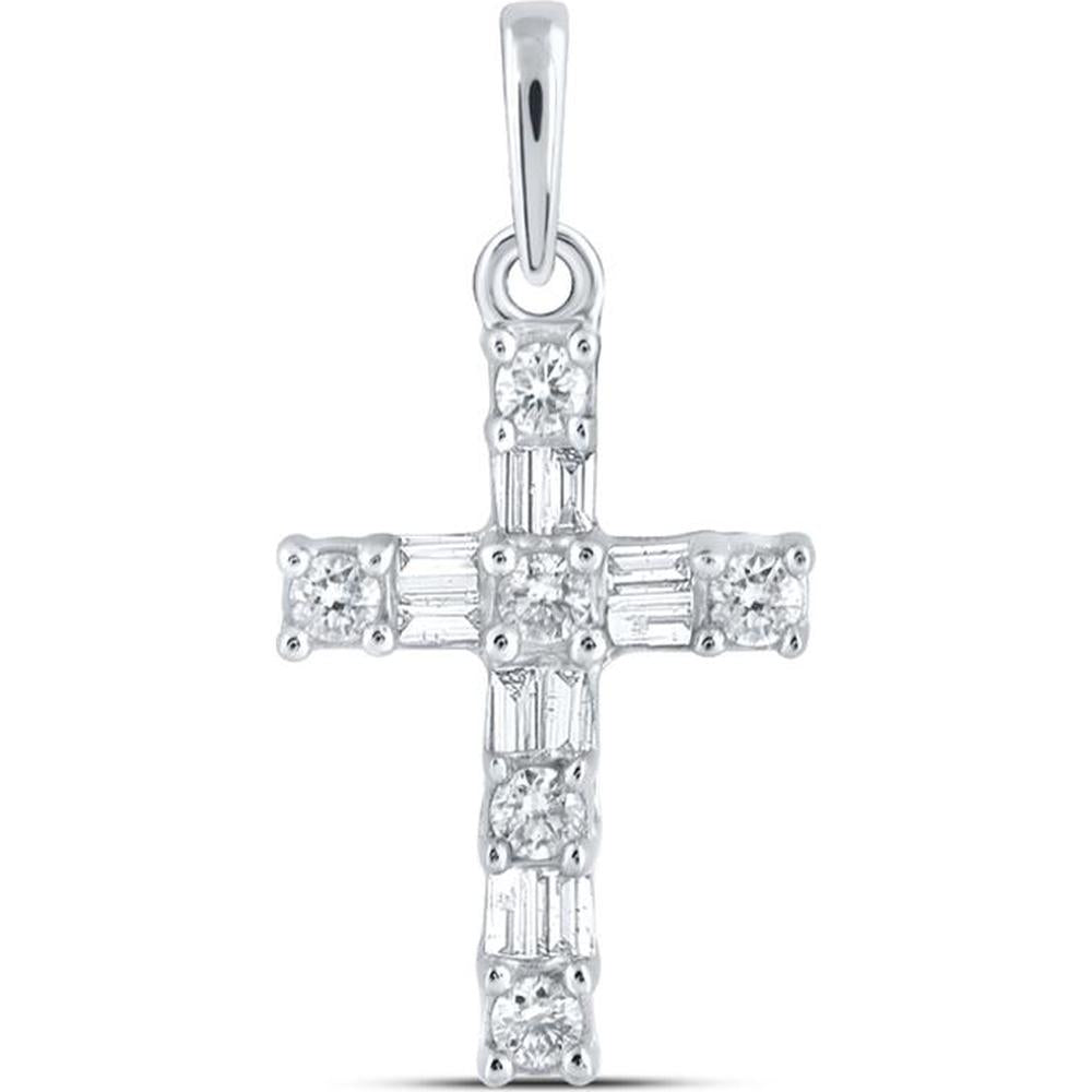 10K White Gold Pendant with Prong-Set Baguette and Round Diamonds - 1/6 Carat Total Diamond Weight