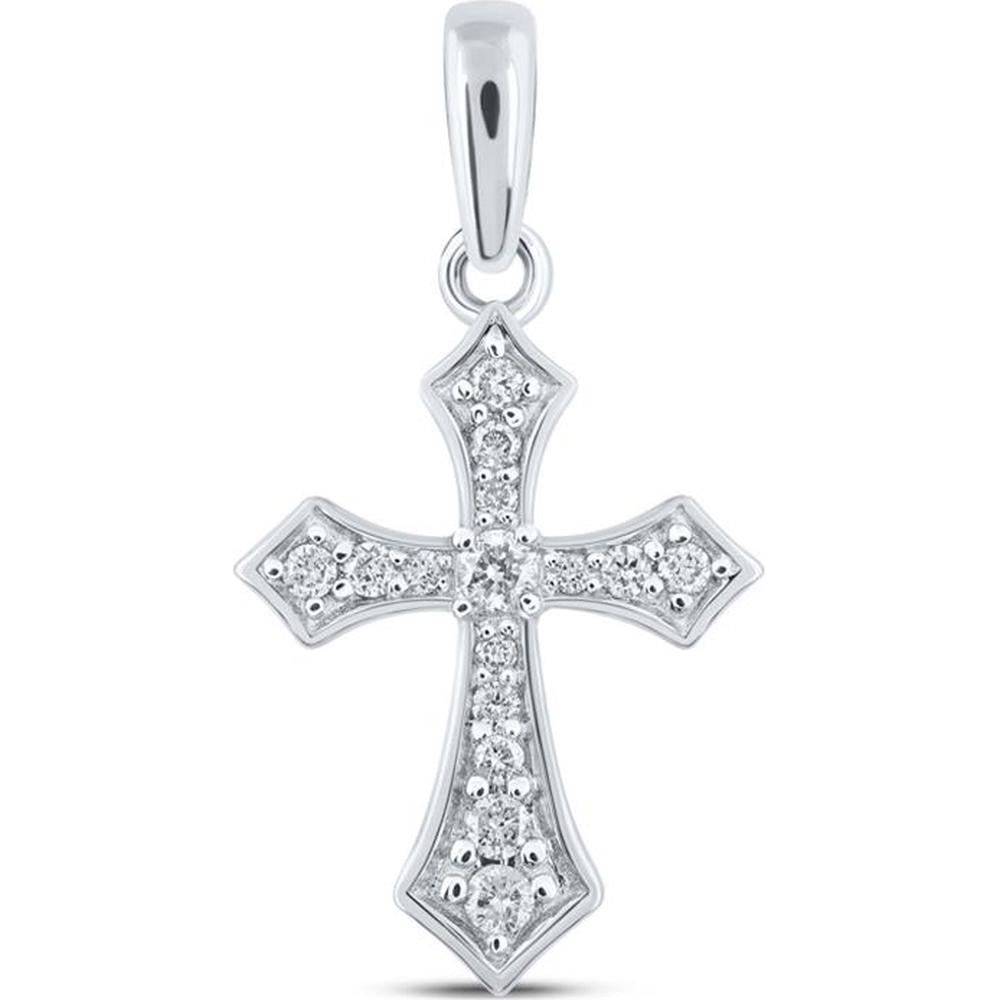 10K White Gold Pendant with Prong-Set Round Diamonds in Cross Design - 1/8 Carat Total Diamond Weight