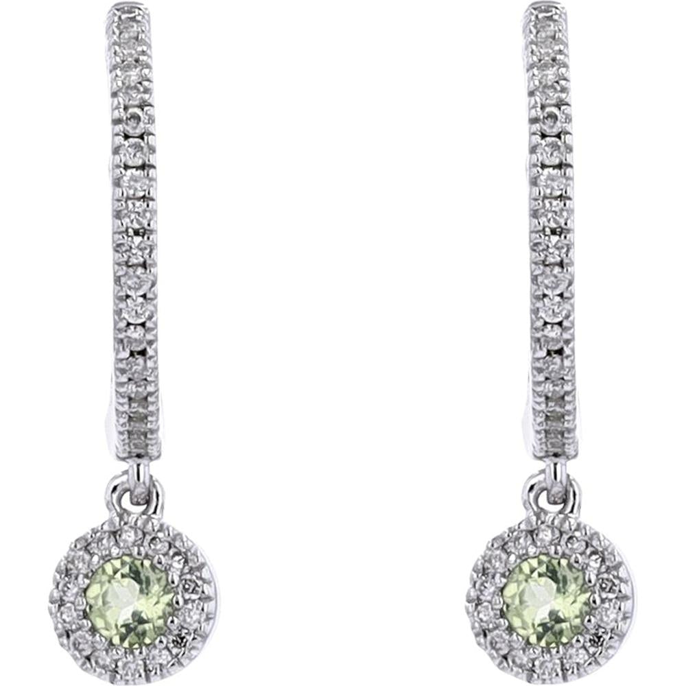 10K White Gold Peridot and Diamond Halo Dangle Huggie Earrings - 0.14 Carats Total Diamond Weight