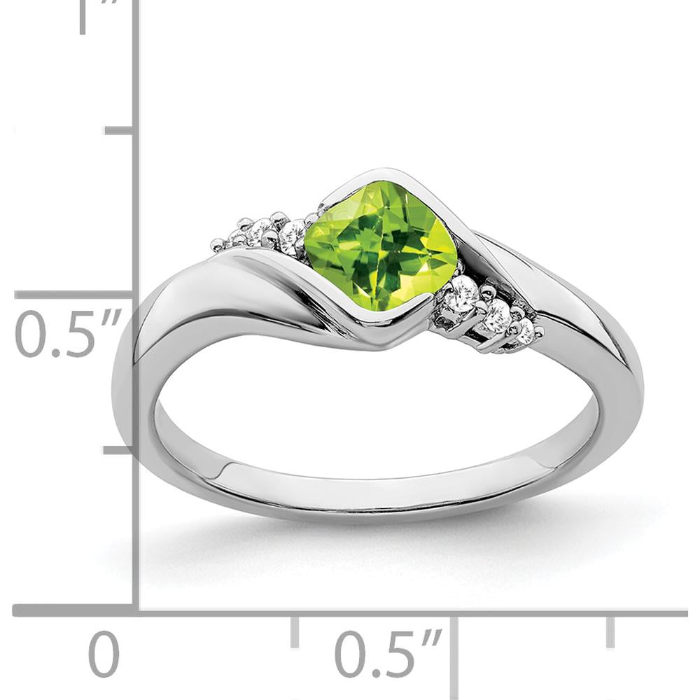 10K White Gold Peridot and Round Diamond Ring with Cushion Cut Peridot - 0.65 Carat Peridot and 0.035 Carat Diamond Weight by 0