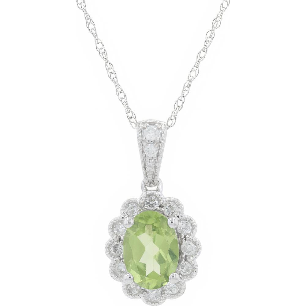 10K White Gold Peridot Oval Halo Pendant with Diamonds - 0.15 Carat Total Diamond Weight