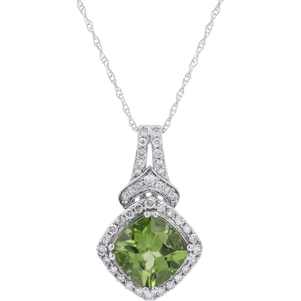 10K White Gold Peridot Pendant with Diamond Halo - 2.15 Carats Peridot, 0.34 Carats Total Diamond Weight