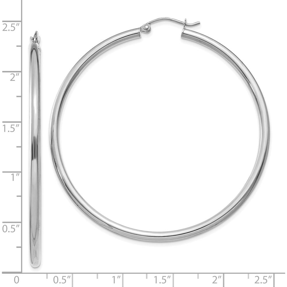 10K White Gold Polished 2.5mm Lightweight Tube Hoop Earrings - 55mm Length