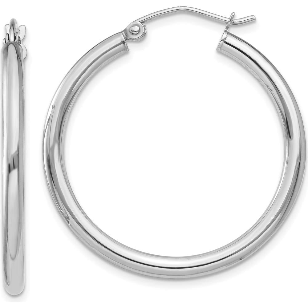 10K White Gold Polished 2.5mm Tube Hoop Earrings - 25mm Length