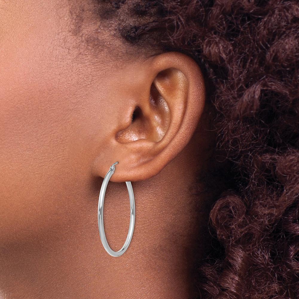 10K White Gold Polished 2mm Tube Hoop Earrings - 31mm Length, 35.89mm Width