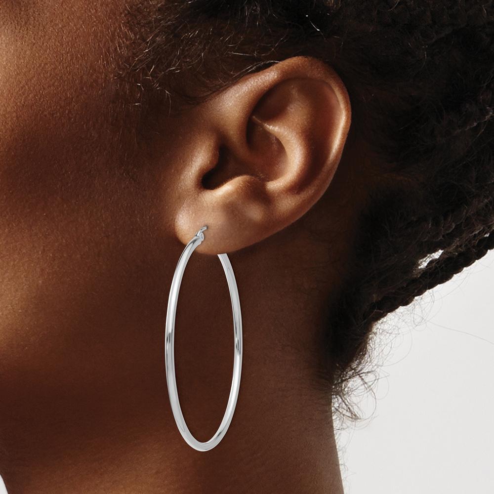 10K White Gold Polished 2mm Tube Hoop Earrings - 47mm Length