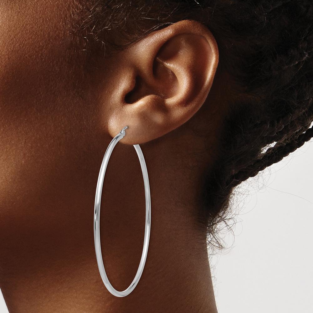 10K White Gold Polished 2mm Tube Hoop Earrings - 56mm Length, 59.85mm Width