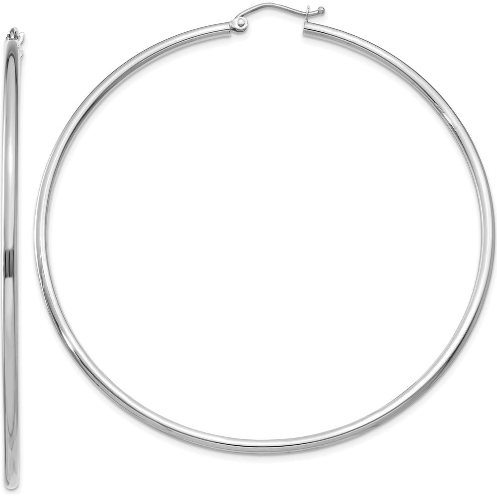 10K White Gold Polished 2mm Tube Hoop Earrings - 60mm Length