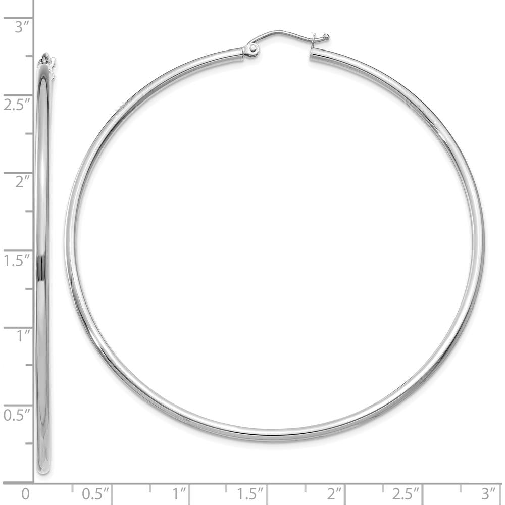10K White Gold Polished 2mm Tube Hoop Earrings - 60mm Length