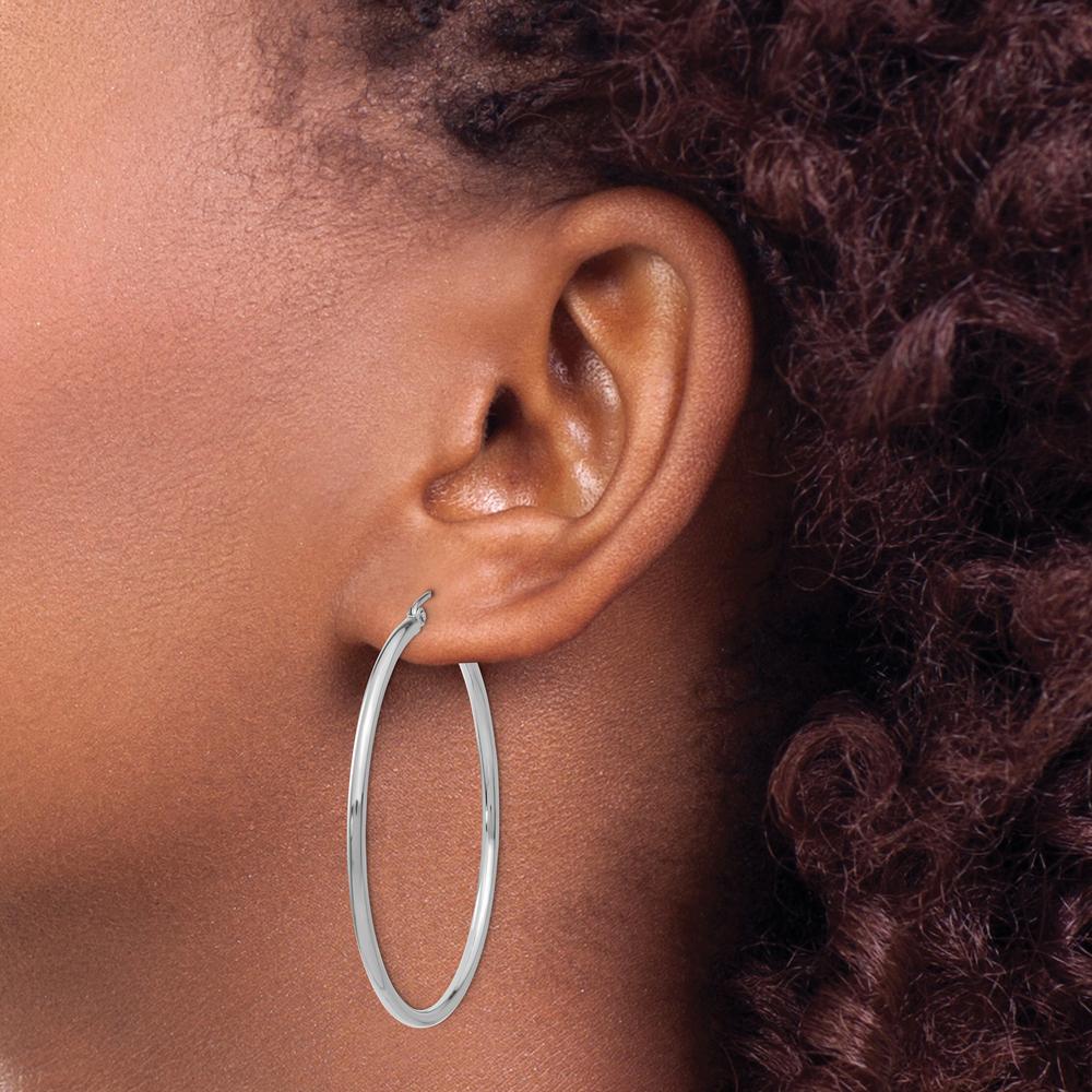 10K White Gold Polished 2mm Tube Hoop Earrings - Elegant, Timeless Design