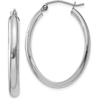 10K White Gold Polished 3.5mm Oval Hoop Earrings - Rhodium Plated