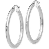 10K White Gold Polished 3mm Lightweight Tube Hoop Earrings - Rhodium Plated