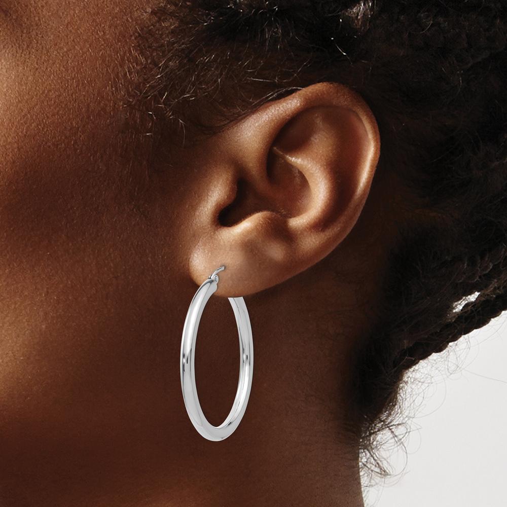 10K White Gold Polished 3mm Lightweight Tube Hoop Earrings - Rhodium Plated
